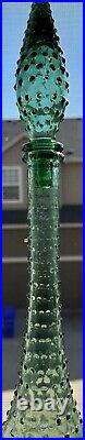 Vintage 1960s Green Hobnail Glass Decanter Genie Bottle With Stopper 22.5 MCM