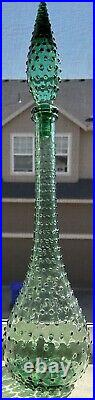 Vintage 1960s Green Hobnail Glass Decanter Genie Bottle With Stopper 22.5 MCM