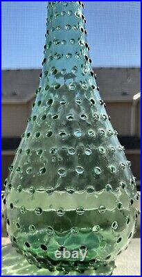 Vintage 1960s Green Hobnail Glass Decanter Genie Bottle With Stopper 22.5 MCM