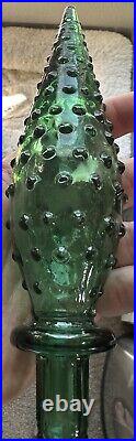 Vintage 1960s Green Hobnail Glass Decanter Genie Bottle With Stopper 22.5 MCM