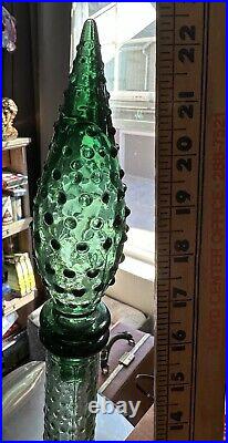 Vintage 1960s Green Hobnail Glass Decanter Genie Bottle With Stopper 22.5 MCM