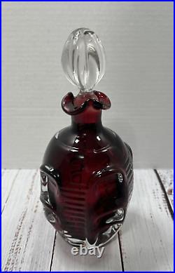 Vintage 1960s Mid-Century Pinched Glass Red Decanter With Glass Stopper MCM