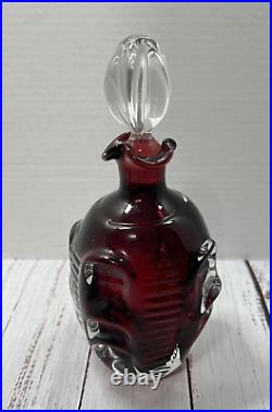 Vintage 1960s Mid-Century Pinched Glass Red Decanter With Glass Stopper MCM