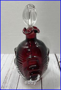 Vintage 1960s Mid-Century Pinched Glass Red Decanter With Glass Stopper MCM