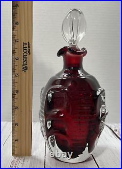 Vintage 1960s Mid-Century Pinched Glass Red Decanter With Glass Stopper MCM