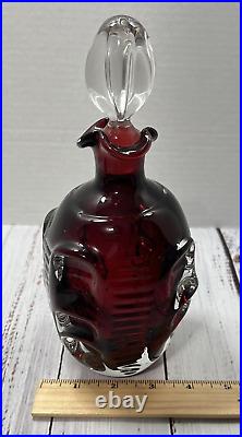 Vintage 1960s Mid-Century Pinched Glass Red Decanter With Glass Stopper MCM