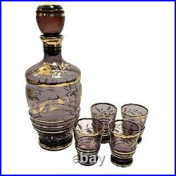 Vintage 1960s Rossini Empoli Italy Decanter Bottle and Glasses Purple Gold Glass