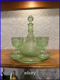Vintage 1970s Indiana Glass Tiara Chantilly Lace Green Decanter Set
