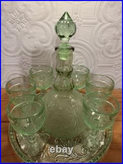 Vintage 1970s Indiana Glass Tiara Chantilly Lace Green Decanter Set