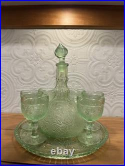 Vintage 1970s Indiana Glass Tiara Chantilly Lace Green Decanter Set