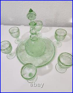 Vintage 1970s Indiana Tiara Wine Decanter 9pc Set Chantilly Green Sandwich Glass