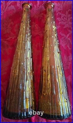 Vintage 2 Dark Amber Wax Drip Genie Bottle Decanters 1960s Empoli Glass 22