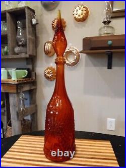 Vintage 20 Empoli Red Orange Amberina Glass Genie Bottle Decanter with Stopper