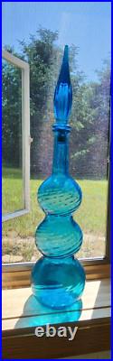 Vintage 22.5 MCM Blue Glass Genie swirl Triple Gourd decanter Bottle Empoli