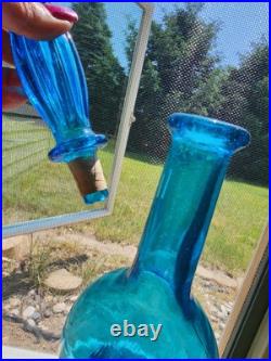 Vintage 22.5 MCM Blue Glass Genie swirl Triple Gourd decanter Bottle Empoli