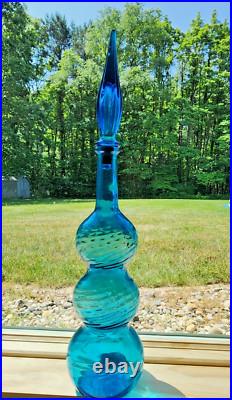 Vintage 22.5 MCM Blue Glass Genie swirl Triple Gourd decanter Bottle Empoli