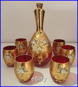 Vintage 24K Gold Sergio Zane Ruby Red Salvadori Murano Glass Decanter & 7 Glass