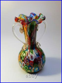 Vintage 24k Gold Flake 1960s Fratelli Toso Murano Millefiori Carafe Glass Vase