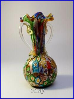 Vintage 24k Gold Flake 1960s Fratelli Toso Murano Millefiori Carafe Glass Vase