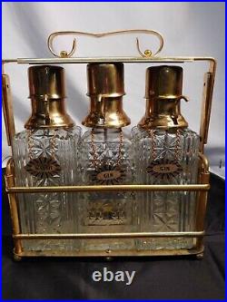 Vintage 3 Glass Bottle Liquor Whiskey Scotch Decanter Pump Dispenser Set w Caddy