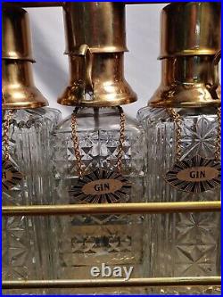 Vintage 3 Glass Bottle Liquor Whiskey Scotch Decanter Pump Dispenser Set w Caddy
