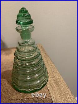 Vintage 30's Green Decanter With Green Beehive Stopper Depression Glass