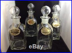 Vintage 4 GLASS LIQUOR DECANTER BOTTLES withStoppers & Labels Crystal Bar Set