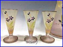 Vintage 4Pcs. Set Frosted Glass Hand Painted Decanter/Pitcher 3 Cordials withHandle