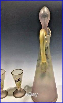 Vintage 4Pcs. Set Frosted Glass Hand Painted Decanter/Pitcher 3 Cordials withHandle