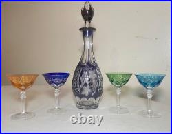 Vintage 5 piece cut to clear crystal Czech Bohemian cut glass decanter set stems