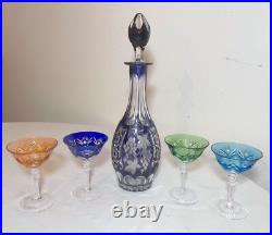Vintage 5 piece cut to clear crystal Czech Bohemian cut glass decanter set stems