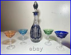 Vintage 5 piece cut to clear crystal Czech Bohemian cut glass decanter set stems