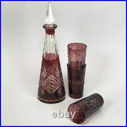 Vintage 50s 60s Bohemian Czech Glass Cut Crystal Cranberry Decanter with 3 Glasses