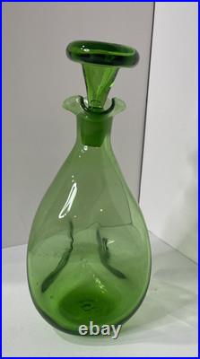 Vintage 50s Blenko Glass #49 Three Sided Pinched Green Glass Decanter Stopper