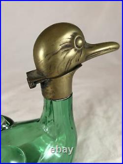 Vintage 6 Emerald Green Glass Duck Decanter Brass Metal Head Made in Austria