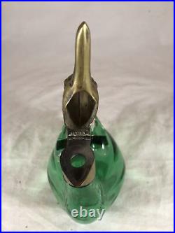 Vintage 6 Emerald Green Glass Duck Decanter Brass Metal Head Made in Austria