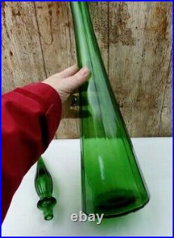 Vintage 60cm Tall Olive Dark Genie Bottle 1960s Italian Empoli Decanter Glass