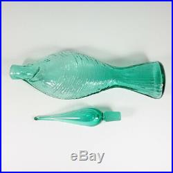 Vintage 60s Blenko Wayne Husted Fish Bottle Flame Stopper MCM Sea Green No 6217