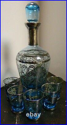 Vintage 6Pc Sterling Silver Overlay Italian Sphinx Light Blue Glass Decanter Set