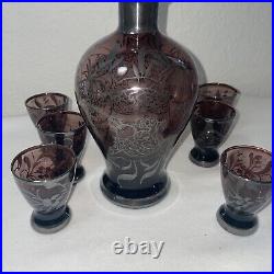 Vintage 7 Pc Italian Amethyst Glass Silver Overlay Decanter with Glasses