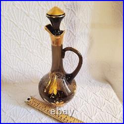 Vintage 7pc Romanian Smokey Blown Glass Decanter Set, MCM Gold Aperitif Barware