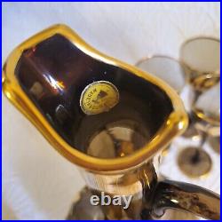 Vintage 7pc Romanian Smokey Blown Glass Decanter Set, MCM Gold Aperitif Barware