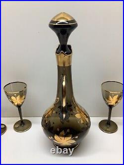 Vintage 7pc Romanian Smokey Blown Glass Decanter set hand painted gold