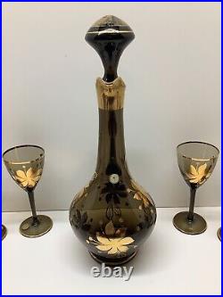 Vintage 7pc Romanian Smokey Blown Glass Decanter set hand painted gold
