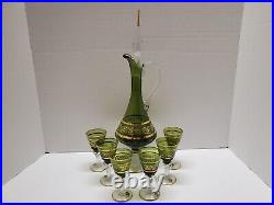 Vintage 8 Piece Italian Blown Glass Decanter & Cordial Glasses Set Green withGold