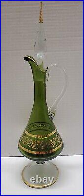 Vintage 8 Piece Italian Blown Glass Decanter & Cordial Glasses Set Green withGold