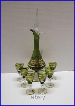 Vintage 8 Piece Italian Blown Glass Decanter & Cordial Glasses Set Green withGold