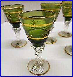 Vintage 8 Piece Italian Blown Glass Decanter & Cordial Glasses Set Green withGold