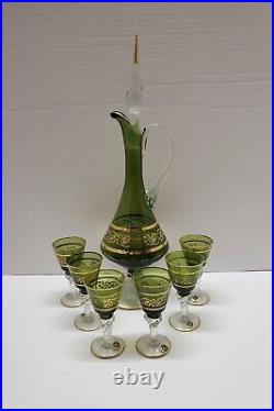 Vintage 8 Piece Italian Blown Glass Decanter & Cordial Glasses Set Green withGold