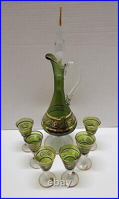 Vintage 8 Piece Italian Blown Glass Decanter & Cordial Glasses Set Green withGold